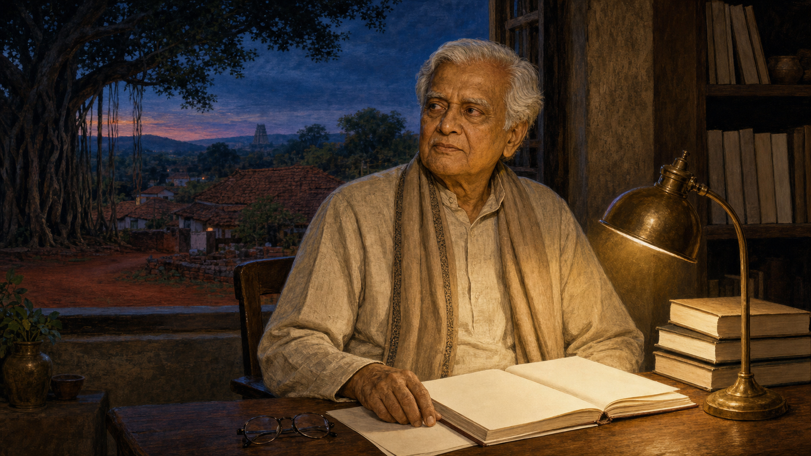 Editorial illustration of an elderly South Indian novelist seated at a wooden desk beside blank-spined books, with a Karnataka landscape visible through the window.