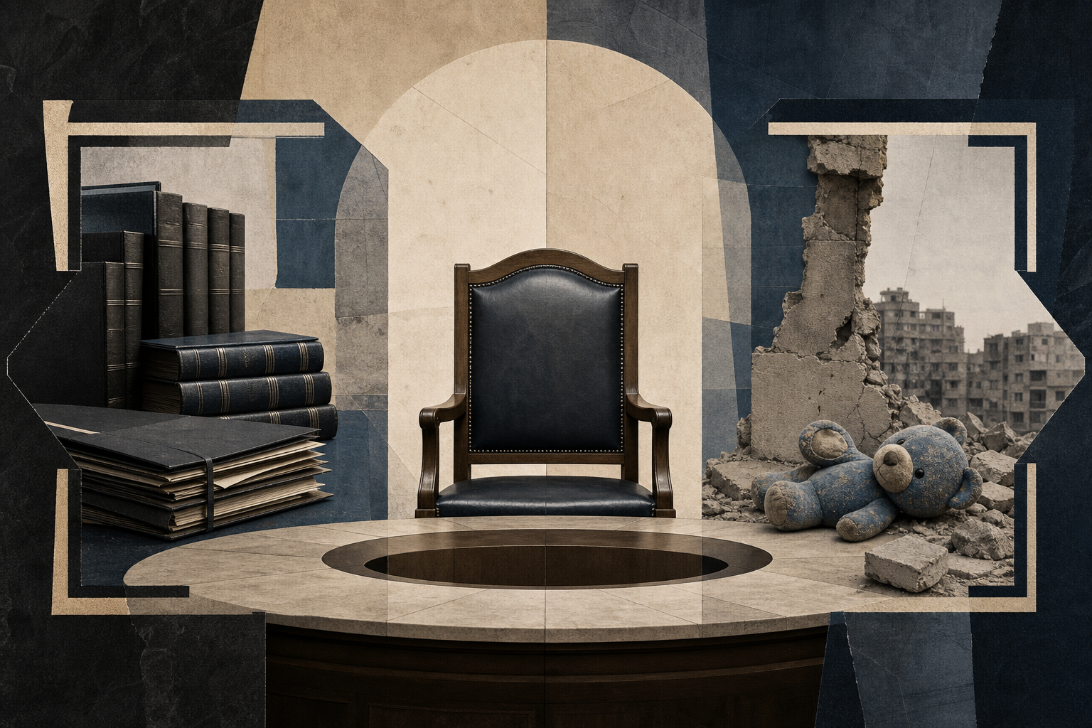An empty judge's chair and inquiry table are framed from opposing angles, with law books on one side and a damaged toy near rubble on the other.