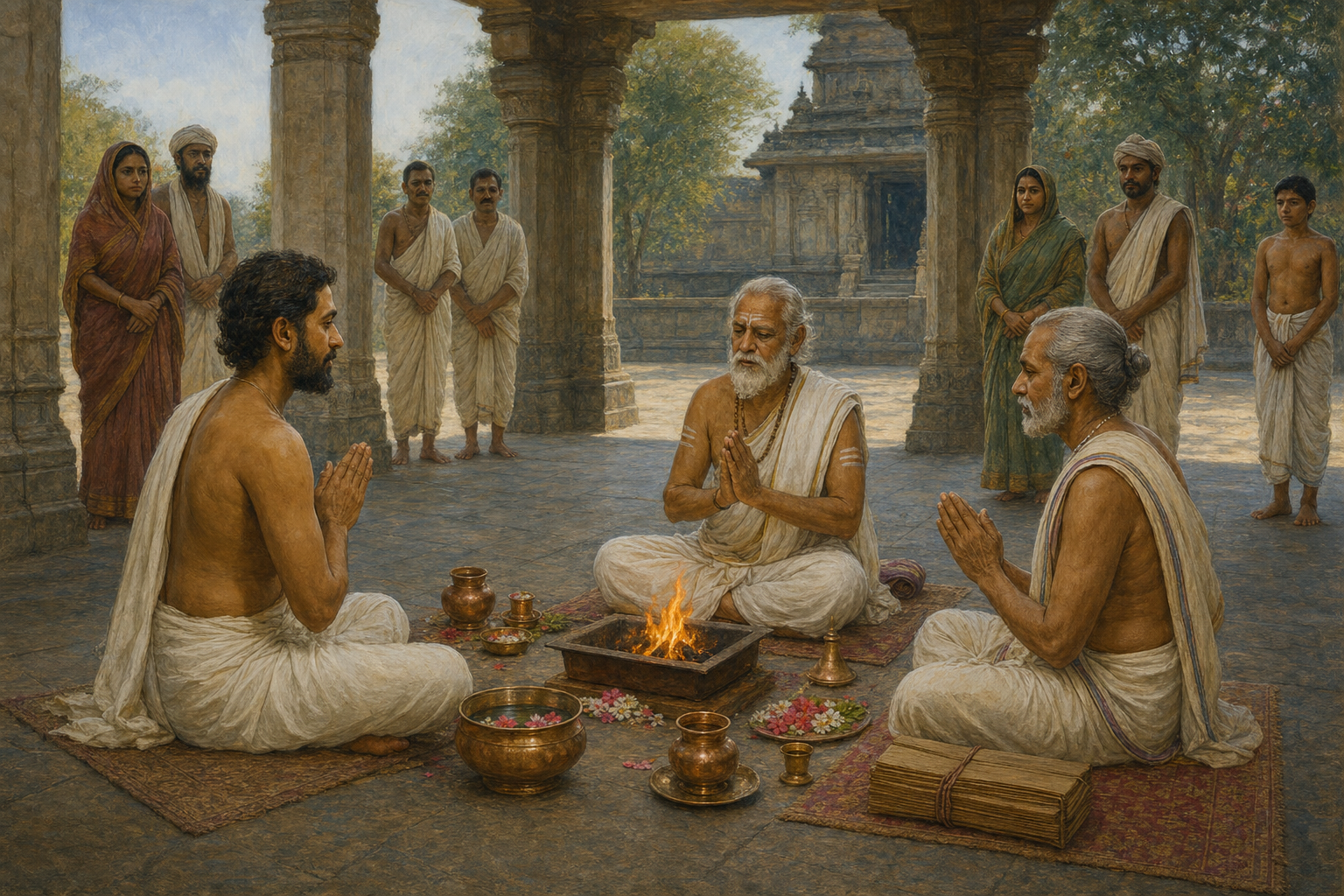A returnee, two elders, and family members take part in a simple water-and-fire rite in a premodern Indian temple courtyard.