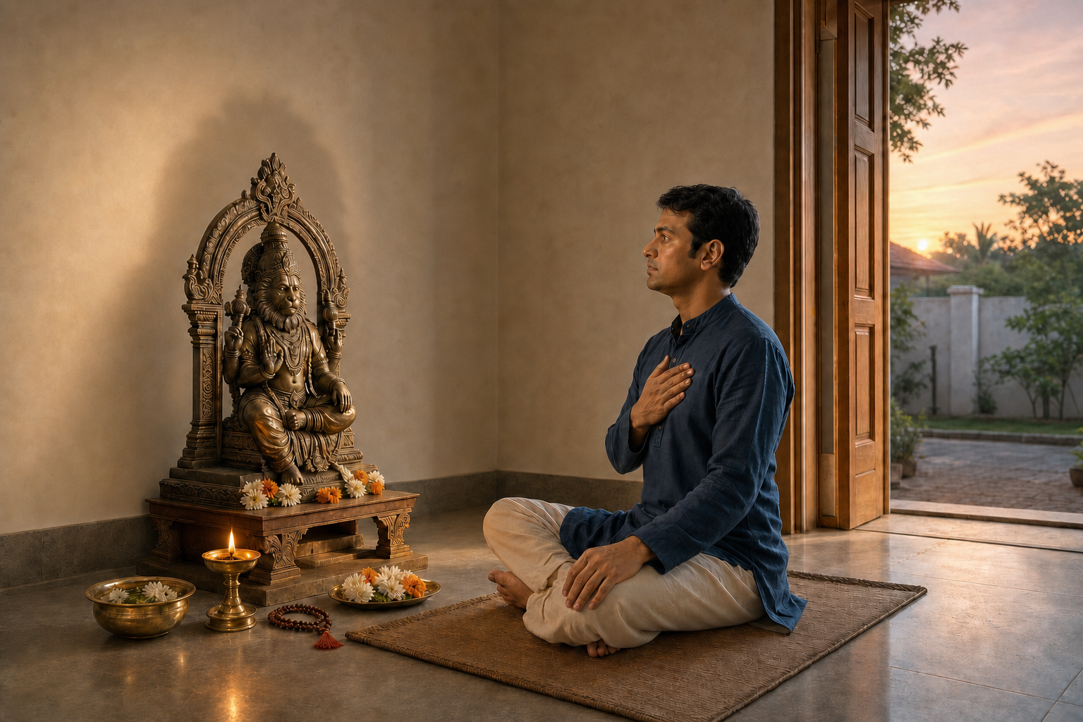A devotee sits in meditation before a small Narasimha shrine with an oil lamp, flowers, water, and prayer beads near an open doorway.