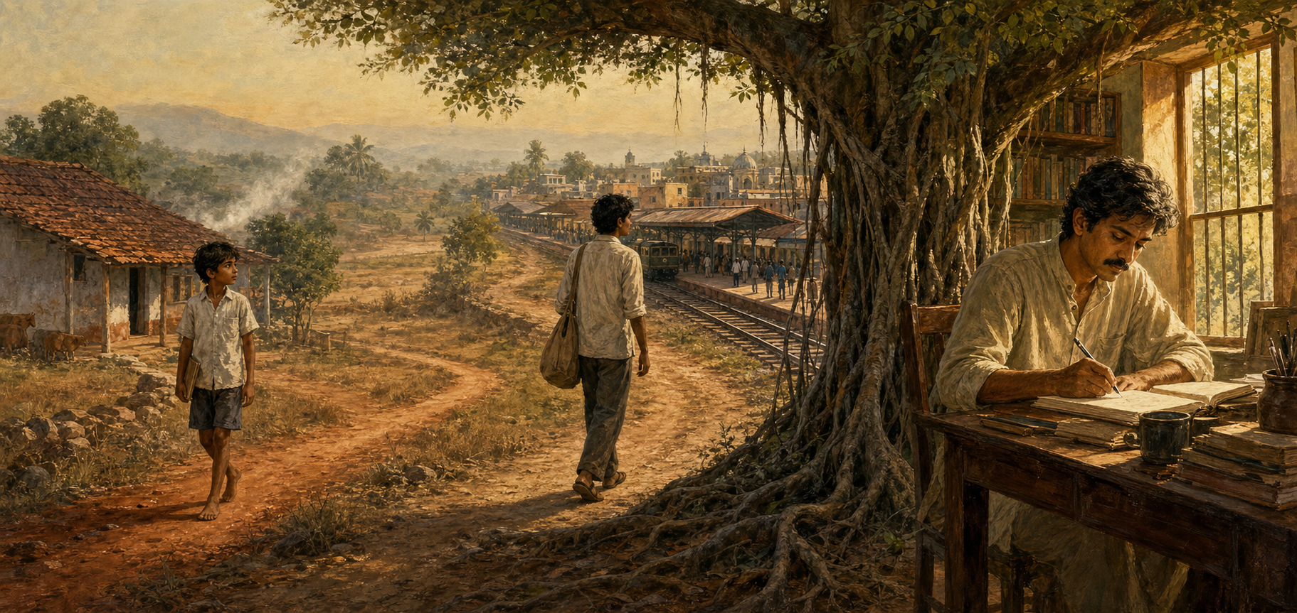 Panoramic illustration of a village boy, a traveling young man and a mature writer connected by a winding path through a Karnataka landscape.