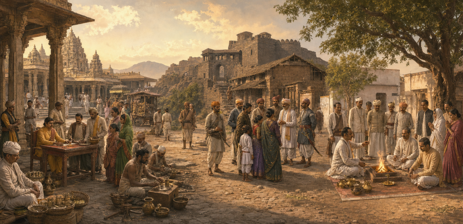 A panoramic illustration links a Vijayanagara temple city, a Maratha hill-fort courtyard, and an early twentieth-century community purification gathering.