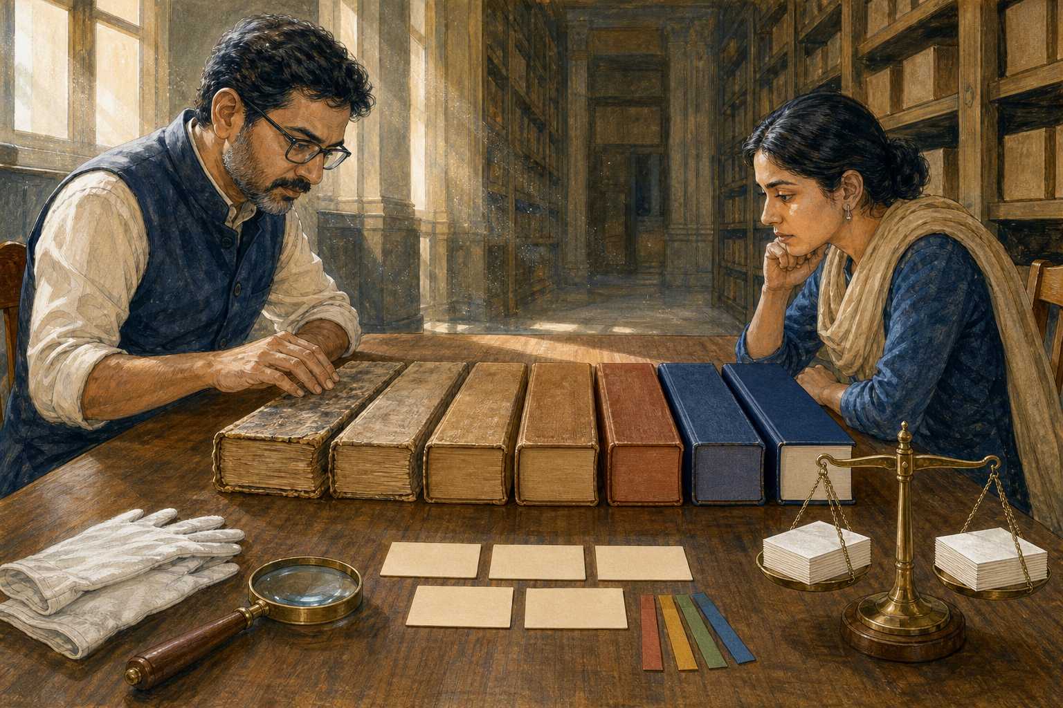 An editor and a reader examine seven unmarked archive volumes at a long table in a sunlit library.