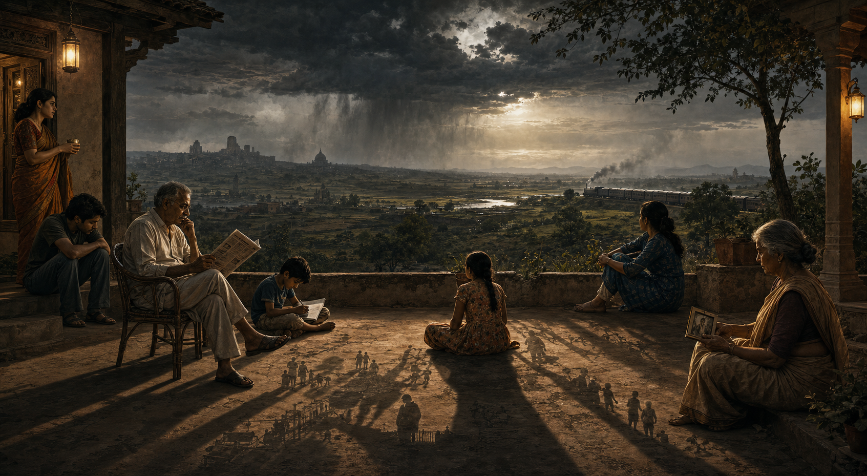 Illustration of a multigenerational Indian family in a courtyard opening onto fields, a distant train and a storm-lit landscape.