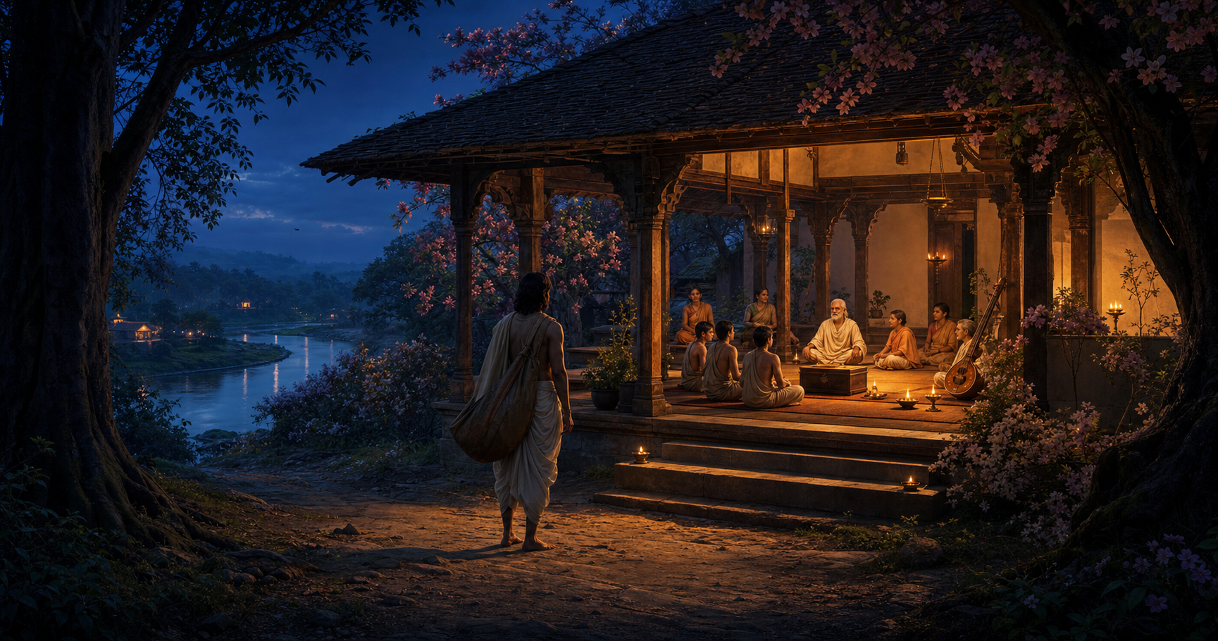 A traveler leaves a dark forest path and approaches a lamplit hermitage hall where a teacher, students, and household members have opened their circle.