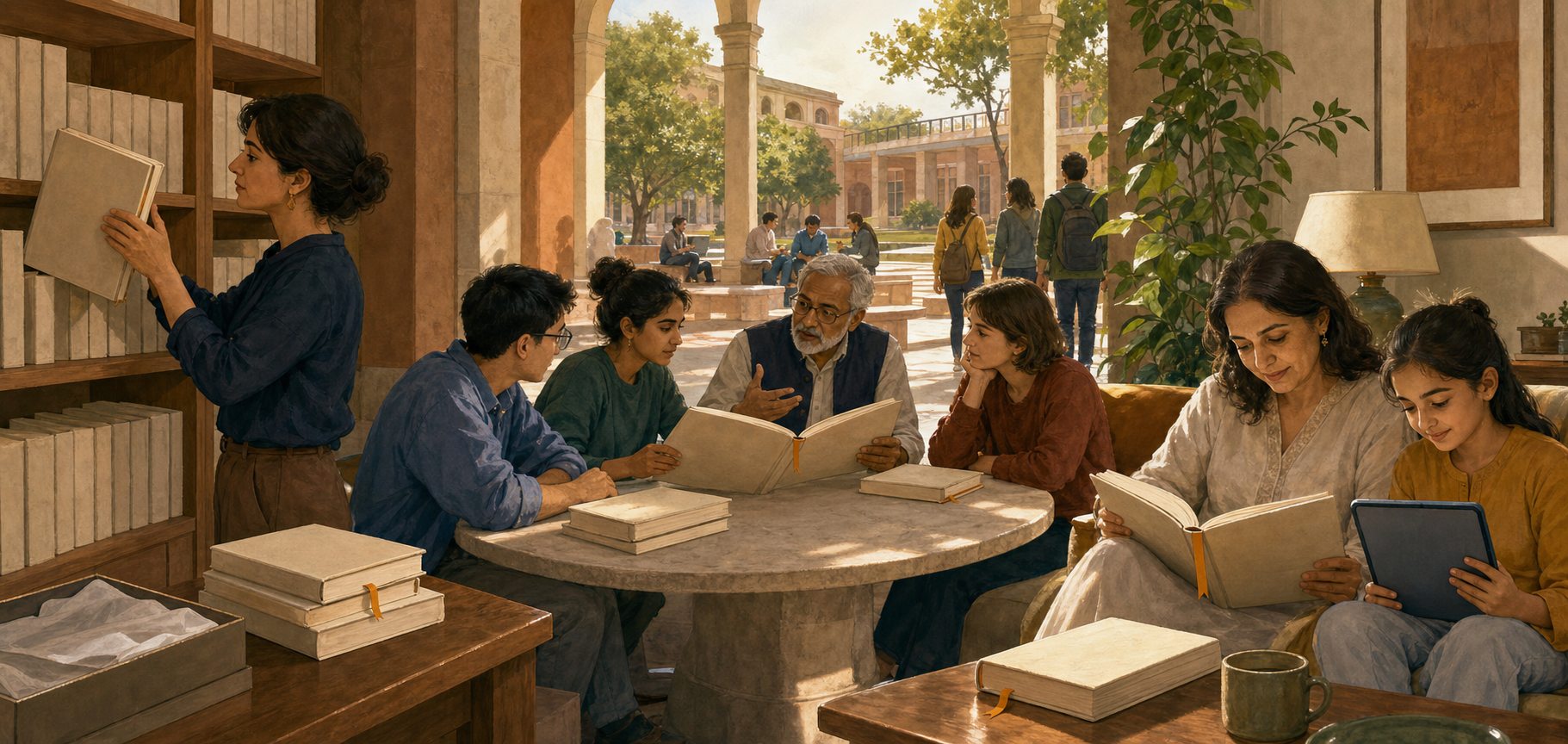 Books and blank study materials pass from an archive to university readers and then to a family reading together at home.