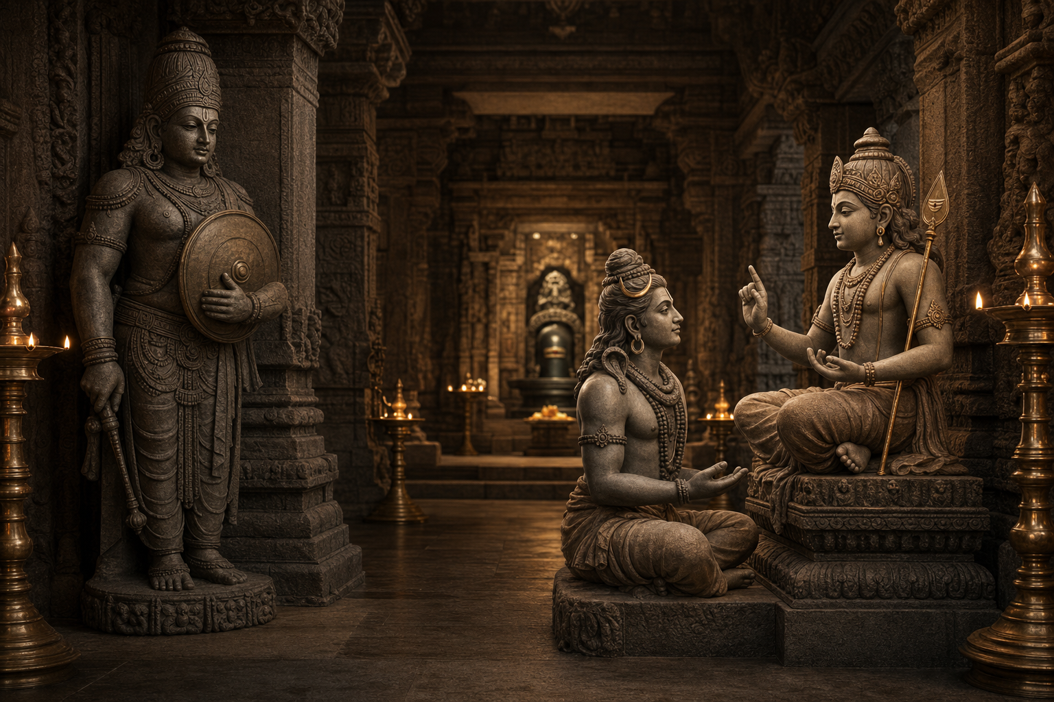 A temple scene pairs a divine guardian holding a round shield with Shiva seated receptively before Skanda as teacher.