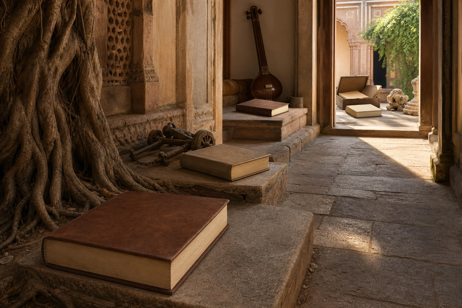 Four untitled books arranged along a stone passage with tree roots, chariot hardware, a classical string instrument and archaeological fragments.