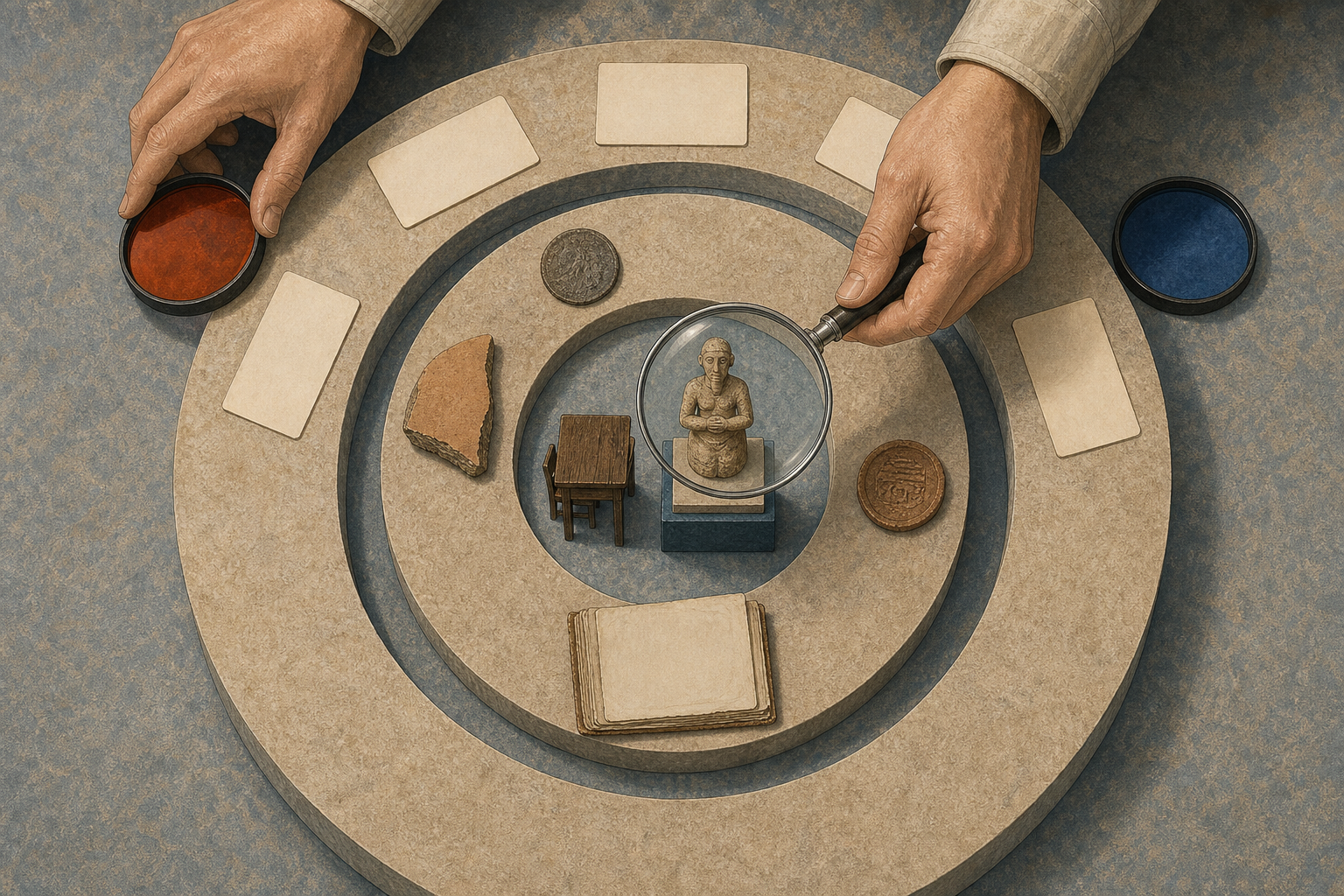 A researcher's hands remove a colored lens and use a clear magnifying glass to examine evidence arranged on layered work surfaces.