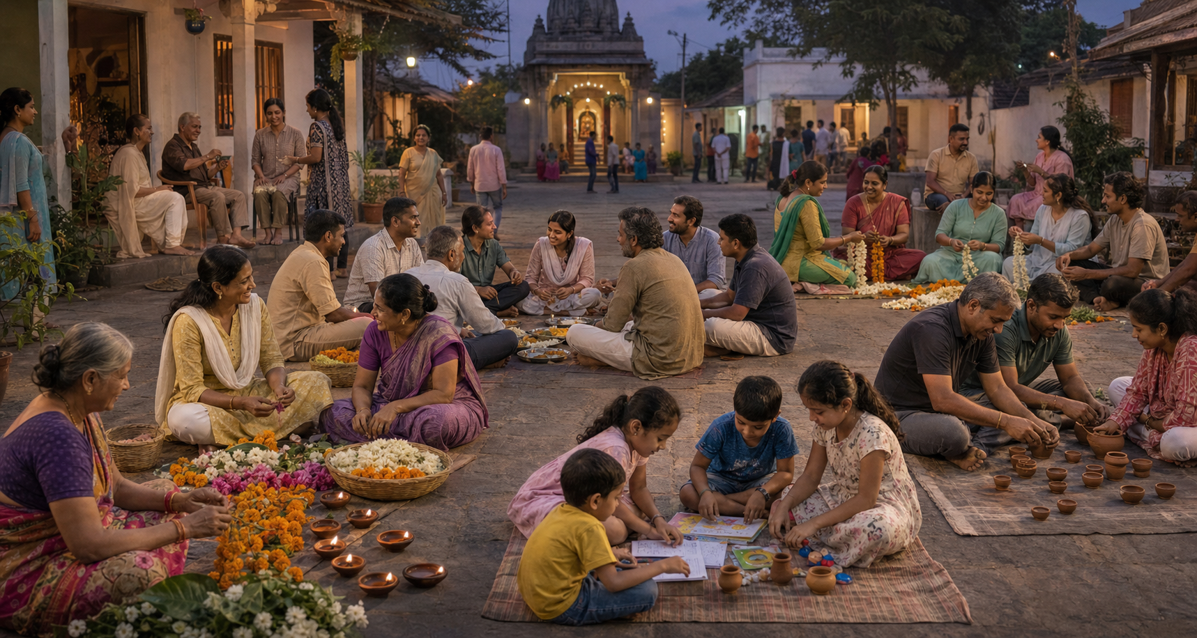A returned family shares food, work, study, and festival preparations with neighbors in an Indian community courtyard.