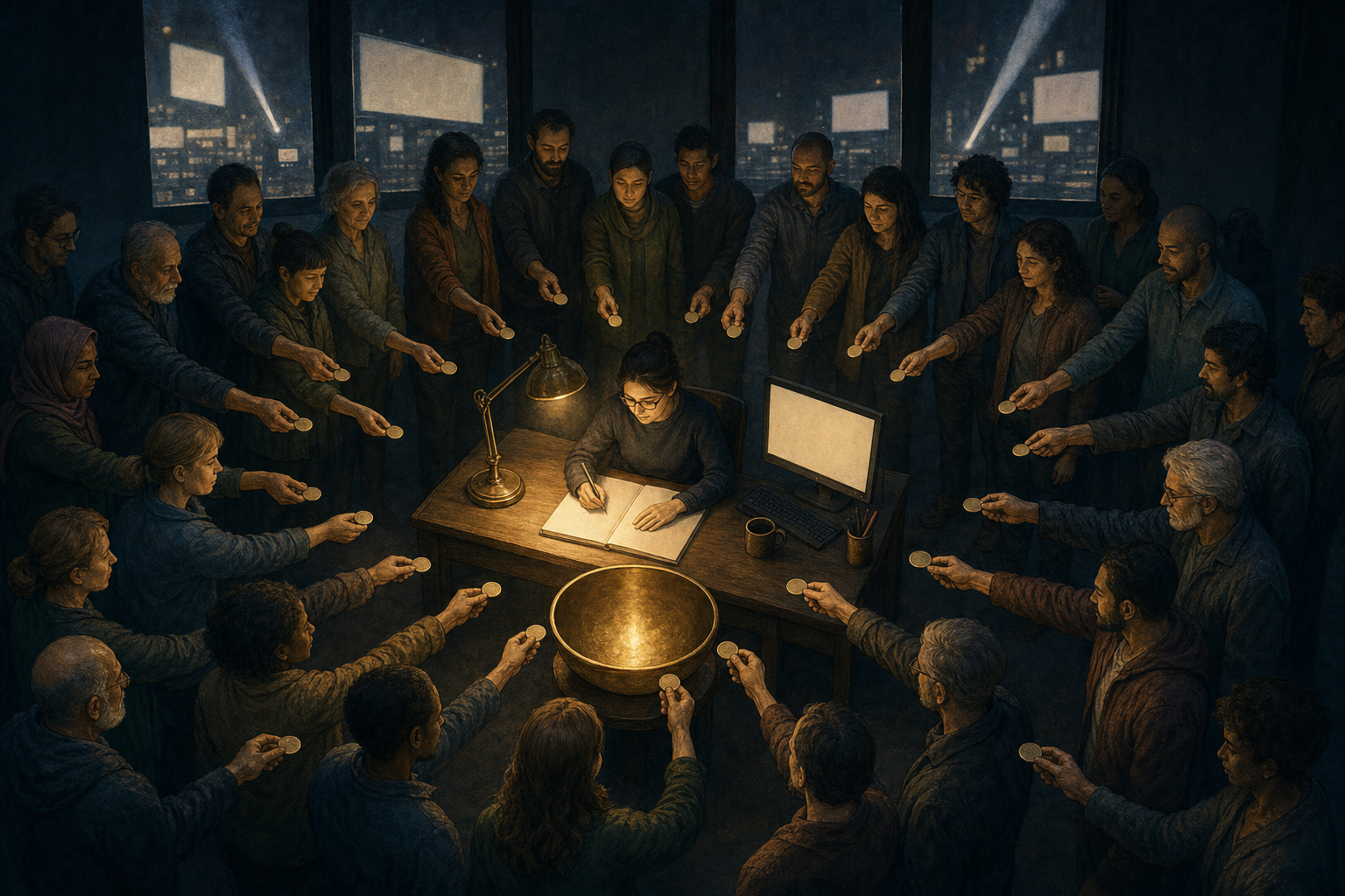 Readers place small unmarked tokens in a shared bowl surrounding an independently lit writing desk, while blank commercial billboards remain outside.
