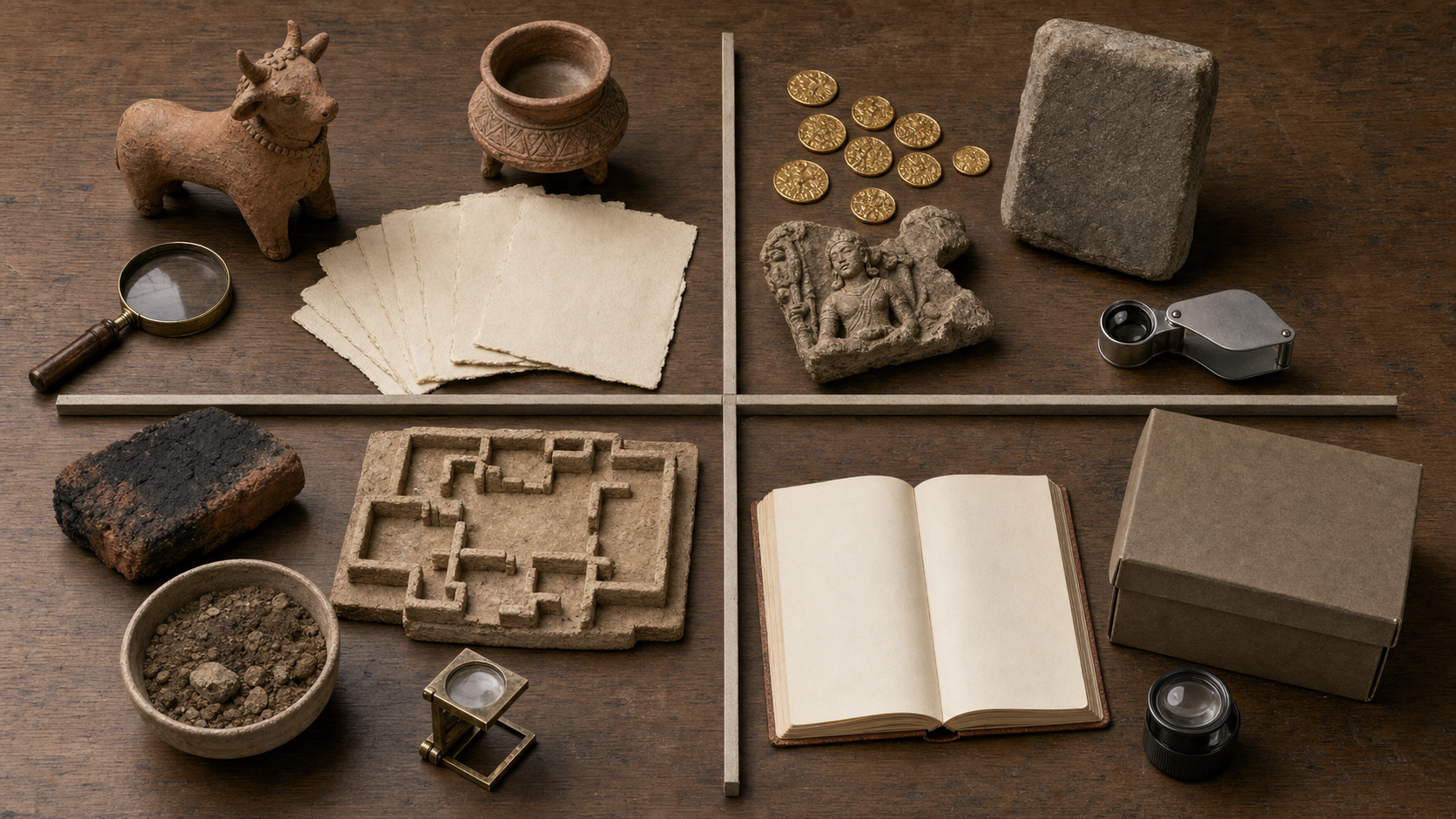 Four separate groups of historical evidence on a table include cattle artifacts, ancient coins, monastic ruins, and an unmarked schoolbook.