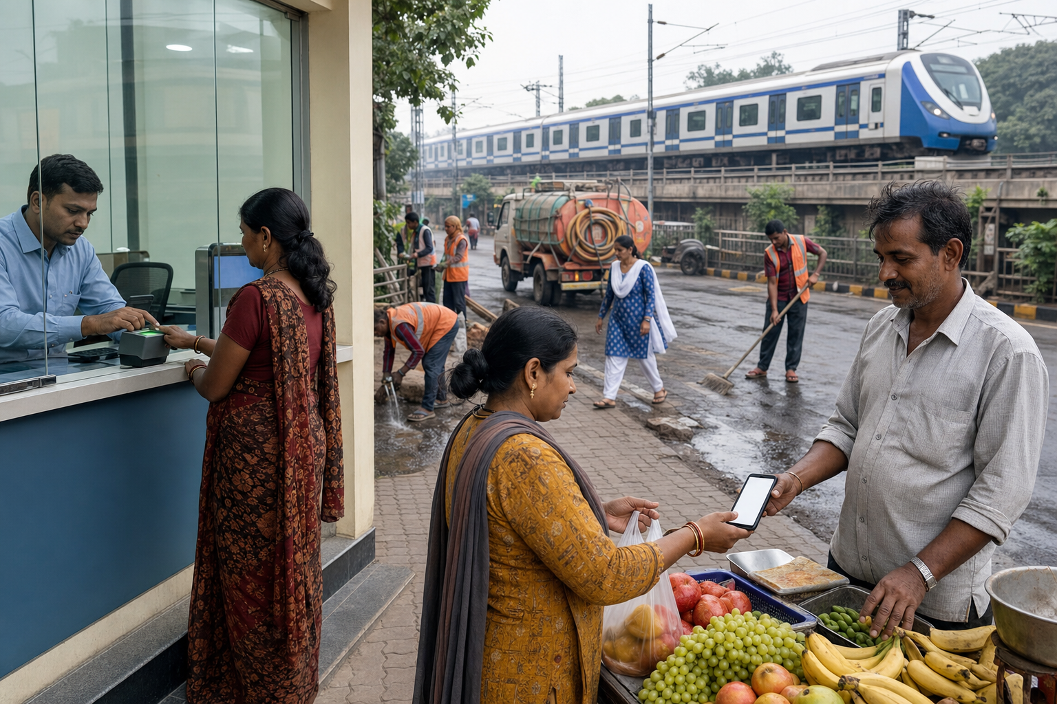 Indian citizens use a public-service counter, a mobile payment device, a maintained street, and an accessible train in a busy neighborhood.