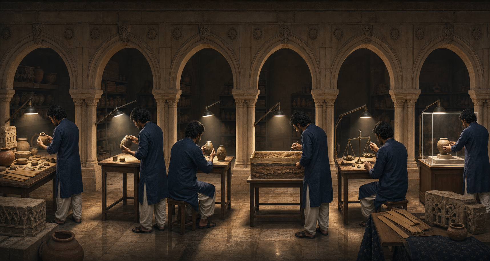 An anonymous scholar examines historical artifacts through six distinct stations in an archive and conservation studio.
