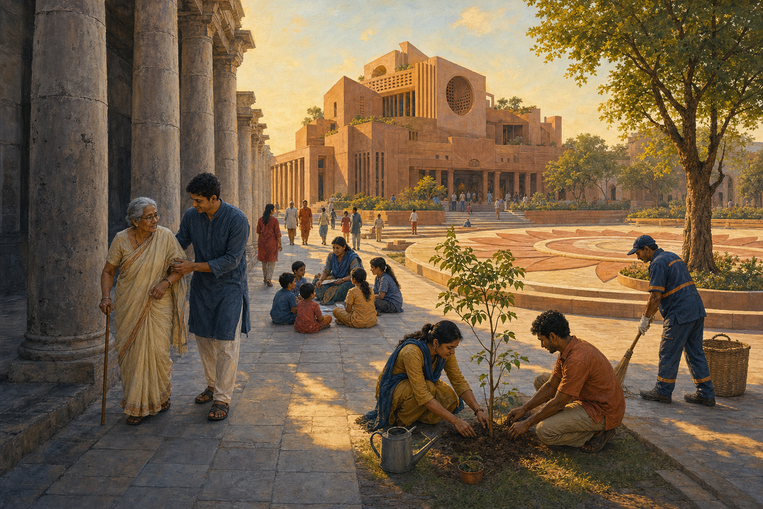 Citizens help one another and care for a tree along a sandstone civic walkway as shadowed old columns give way to a bright circular public courtyard.