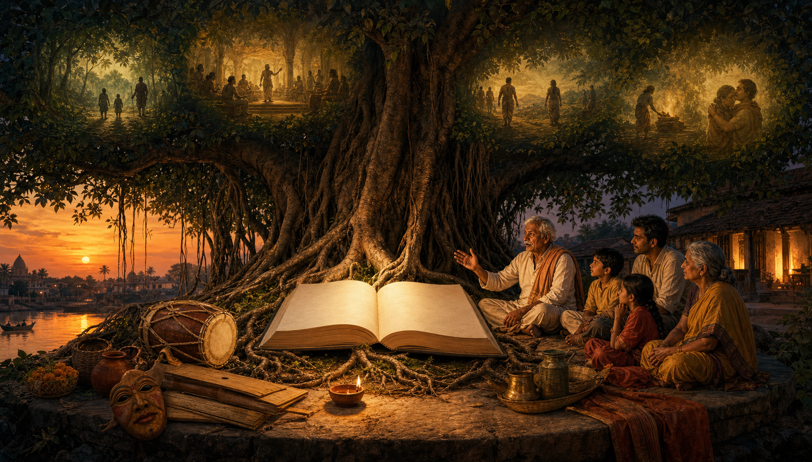 Three generations of an Indian family listen to an elder beneath a banyan tree growing from an open book surrounded by storytelling objects.