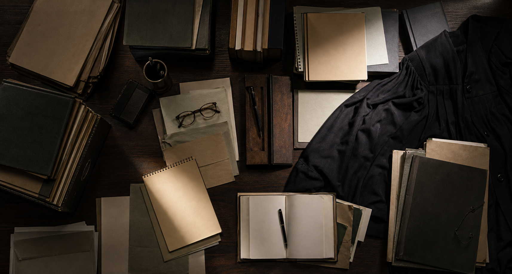 Legal career objects lie across a table while a narrow beam of light highlights only a few files, spectacles and a judicial robe.