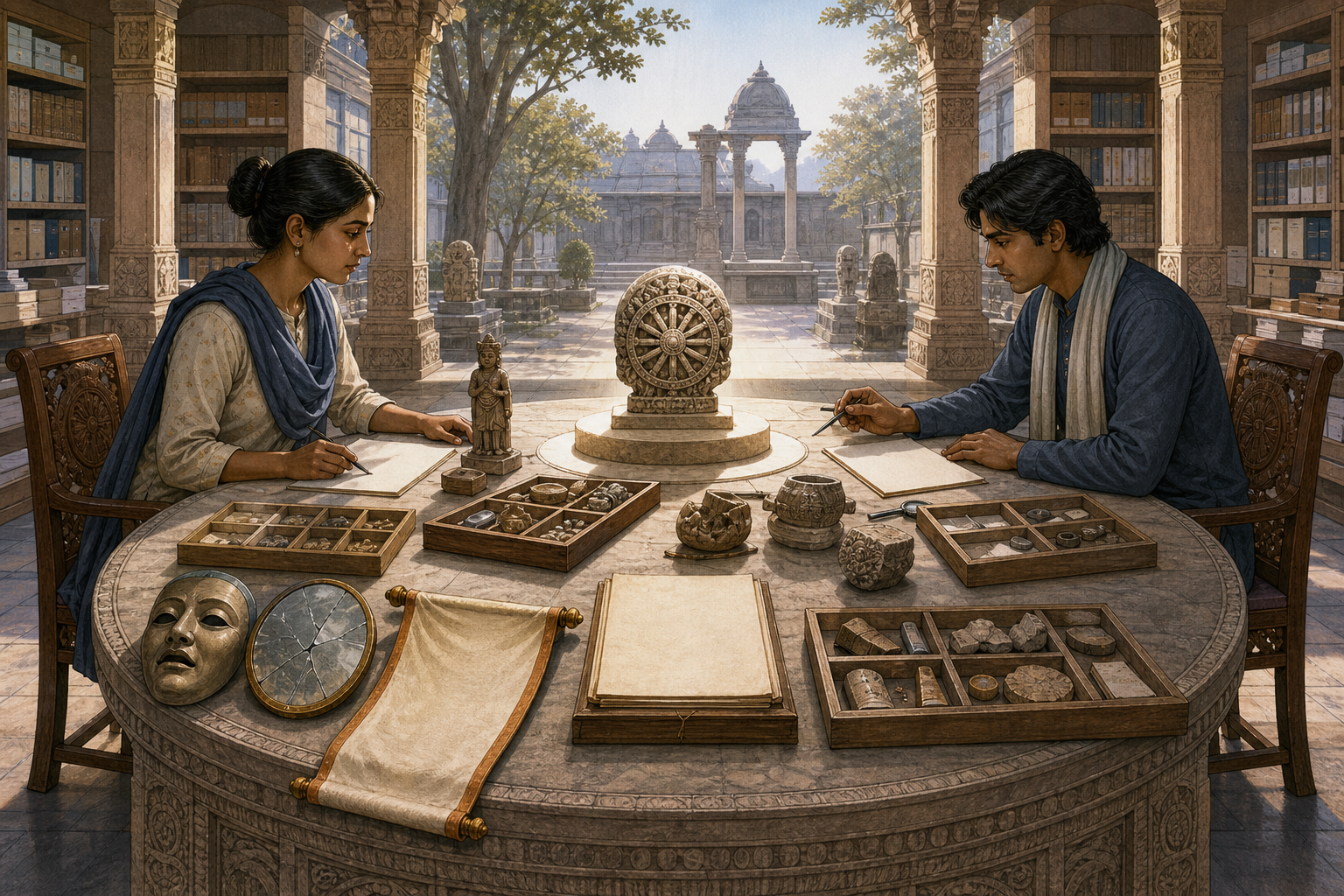 Two anonymous researchers study an artifact in a library courtyard while a mask, cracked mirror, and empty banner are set aside.