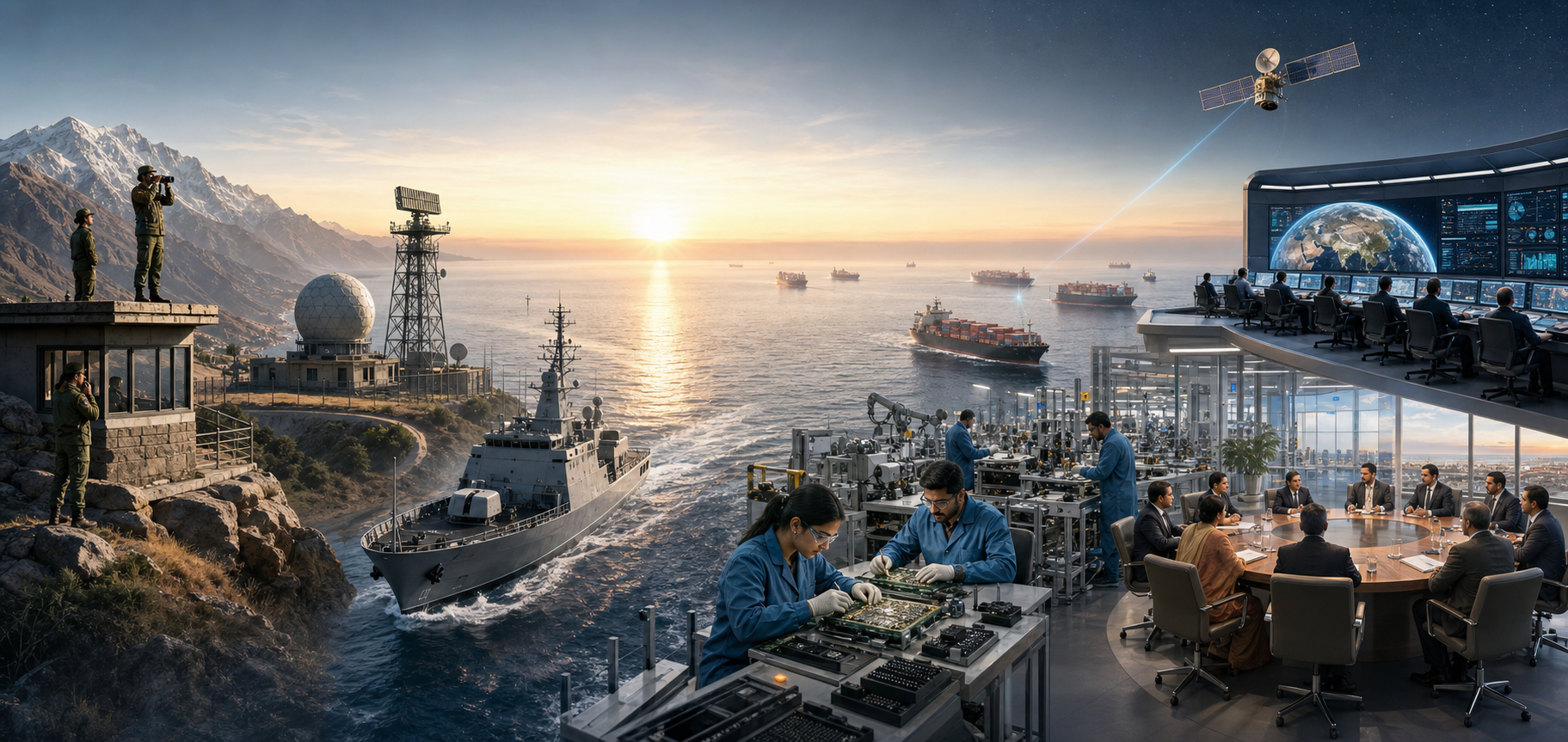 A mountain post, patrol vessel, and radar station share a panorama with engineers, satellite researchers, diplomats, and cargo ships.