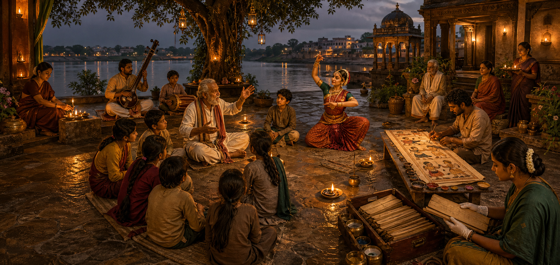 Storytelling, performance, painting, and manuscript preservation take place around a multigenerational gathering in a riverside courtyard.