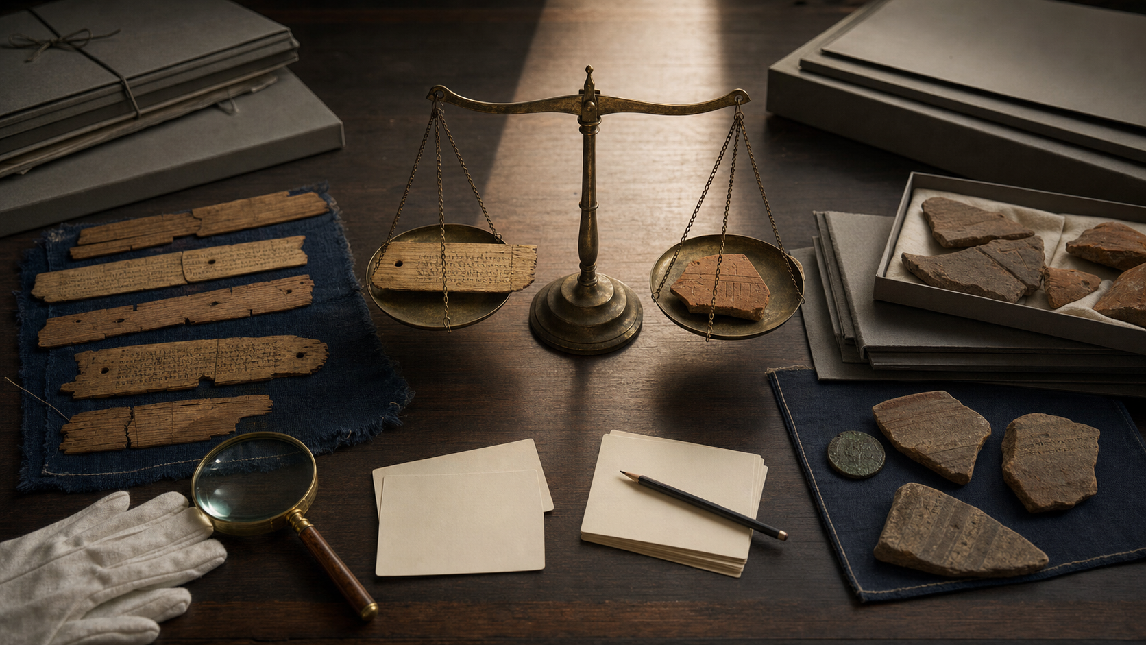 A brass balance scale, manuscript fragments, pottery pieces, a coin, blank note cards, and evidence folders arranged on an archival research table.