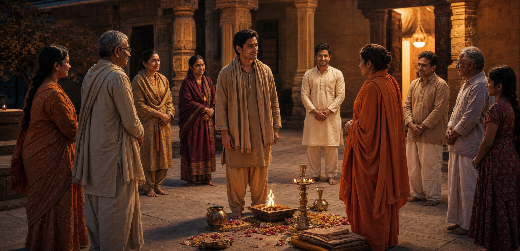 An adult stands beside a sacred fire in a temple courtyard while relatives, elders, children, and a spiritual guide gather in a welcoming circle at twilight.