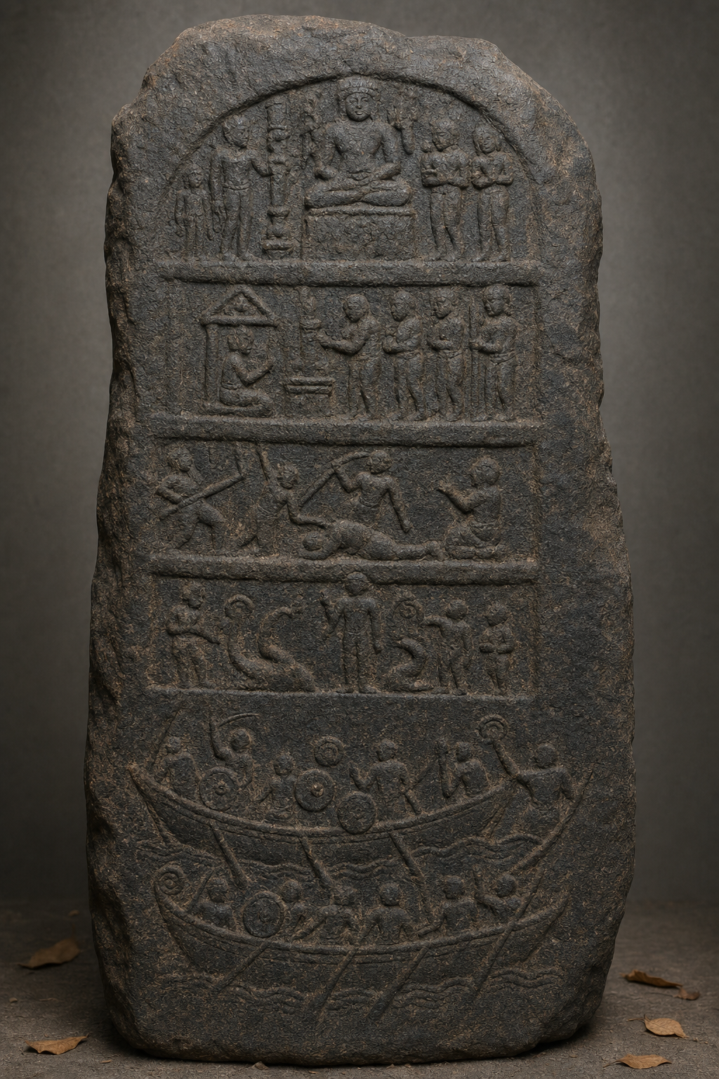 Close view of a weathered basalt hero stone whose stacked carvings progress from boats and combat to death, divine reception and worship.