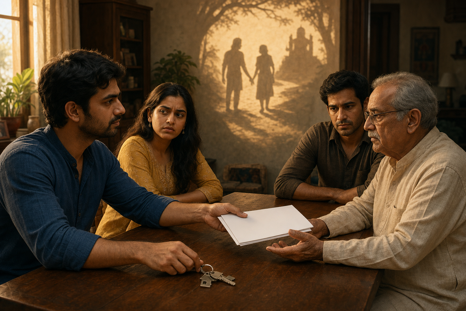 A modern Indian family discusses house keys and blank legal papers as a symbolic forest-path shadow falls on the wall behind them.
