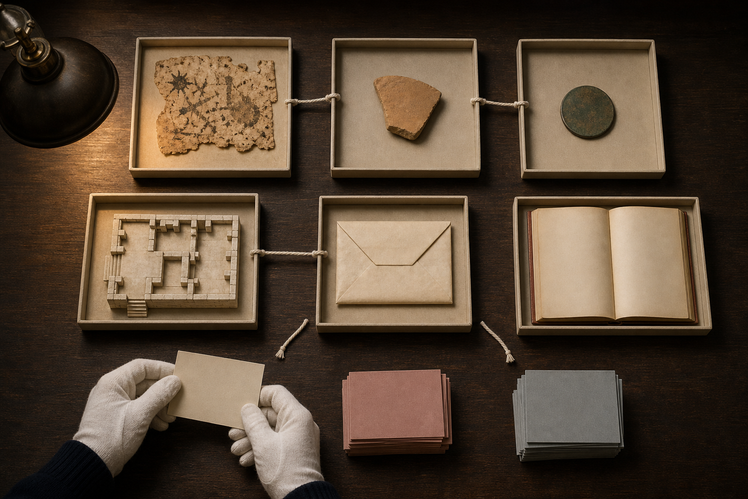 Gloved hands sort blank evidence cards beside six trays containing manuscript fragments, artifacts, correspondence, and an unmarked schoolbook.