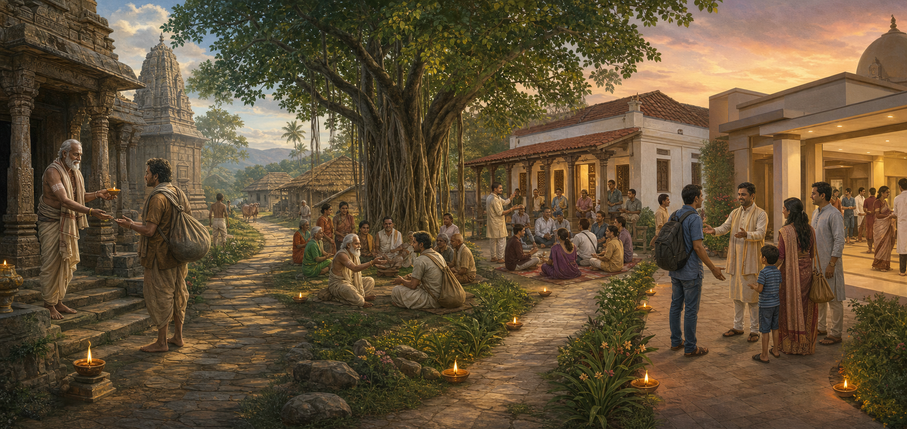 A continuous landscape links a stone temple courtyard, a village meeting beneath a banyan tree, an early modern community hall, and a contemporary Hindu center, with people offering welcome in each setting.