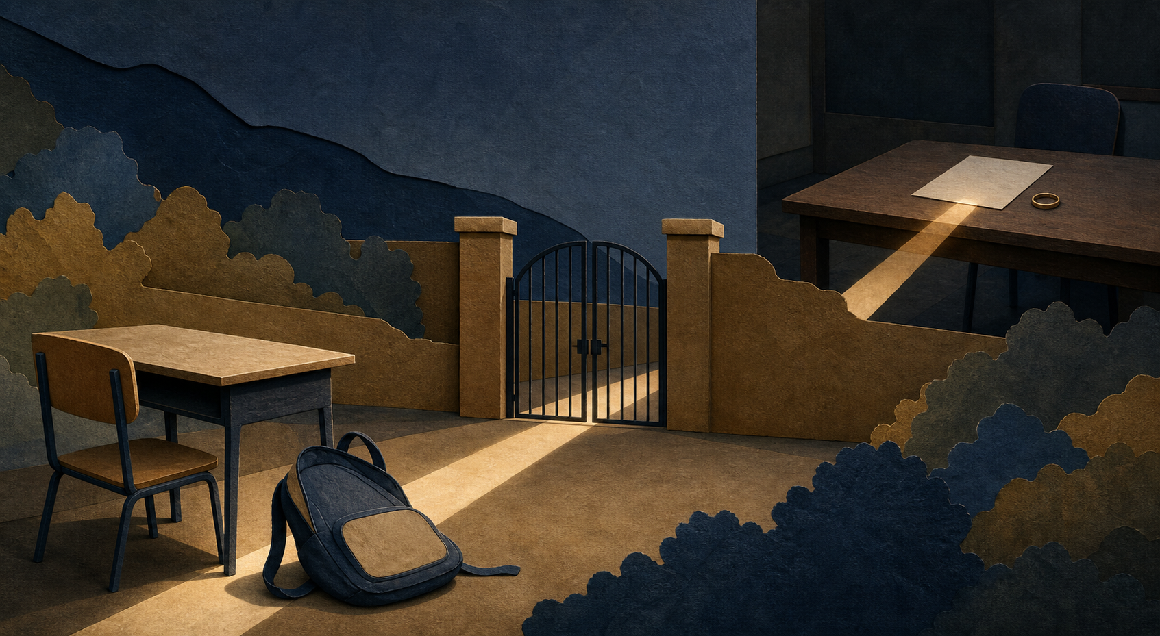 An empty school desk, a dropped backpack, a closed gate, and a document with a ring appear along one connected path.