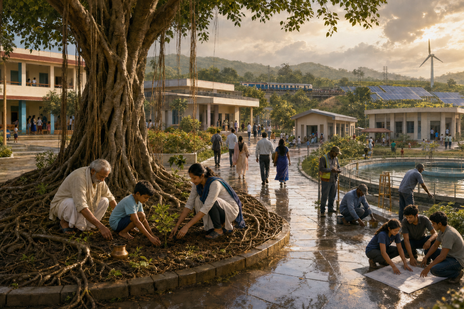 Three generations care for a banyan tree beside a civic plaza surrounded by a school, clinic, council hall, water facility, rail station, and renewable energy.