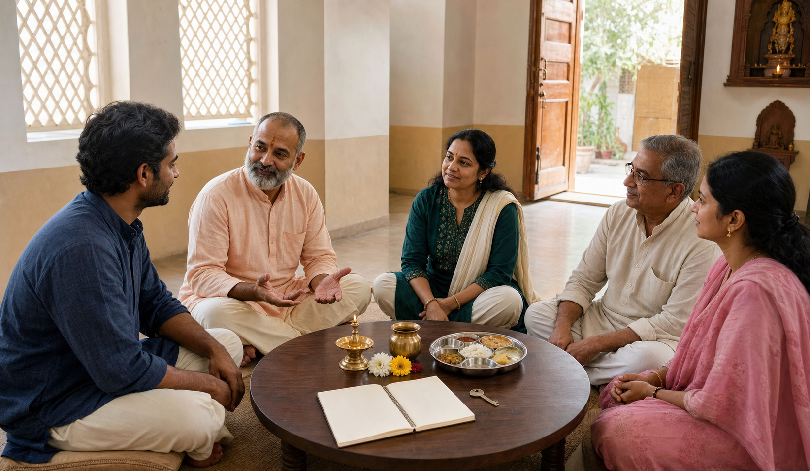 A prospective returnee speaks with a spiritual teacher, family member, elder, and community organizer around a low table in a sunlit Hindu community center.