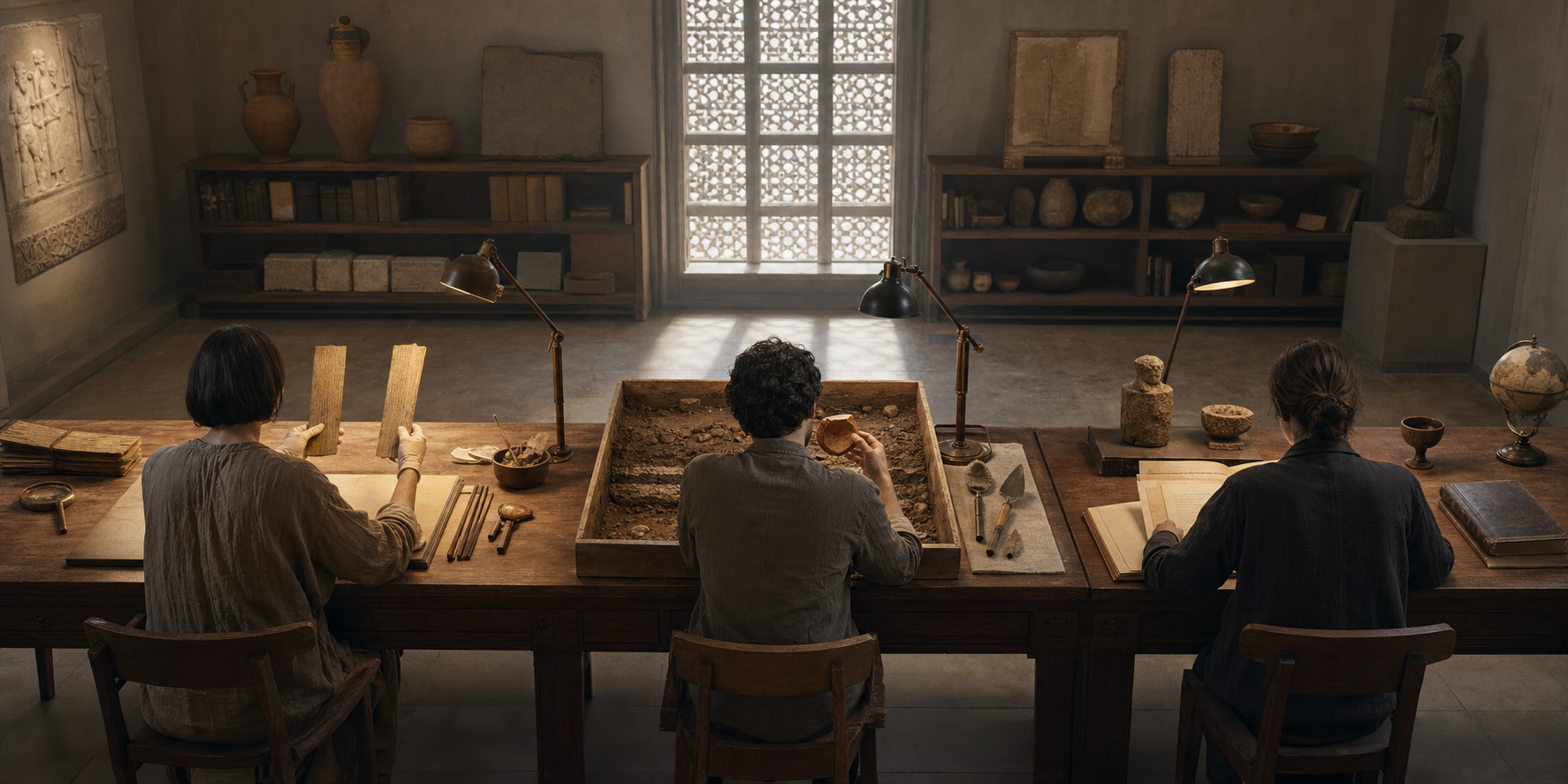 Three anonymous researchers examine manuscript fragments, an archaeological soil sample, and an unmarked education file in separate work areas.