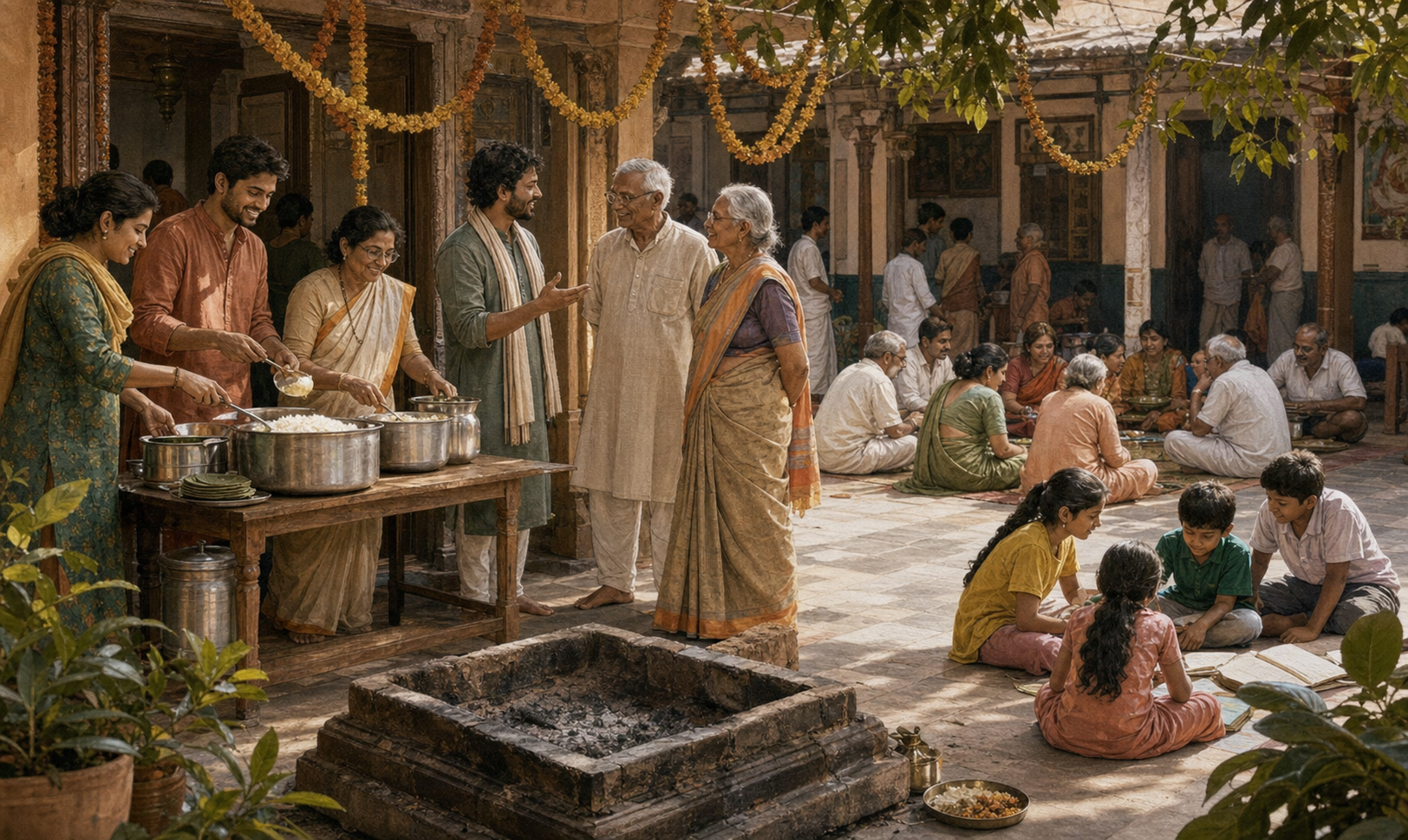 A returnee serves food with volunteers and meets community members in a temple courtyard after a ceremony, while families eat and children learn nearby.