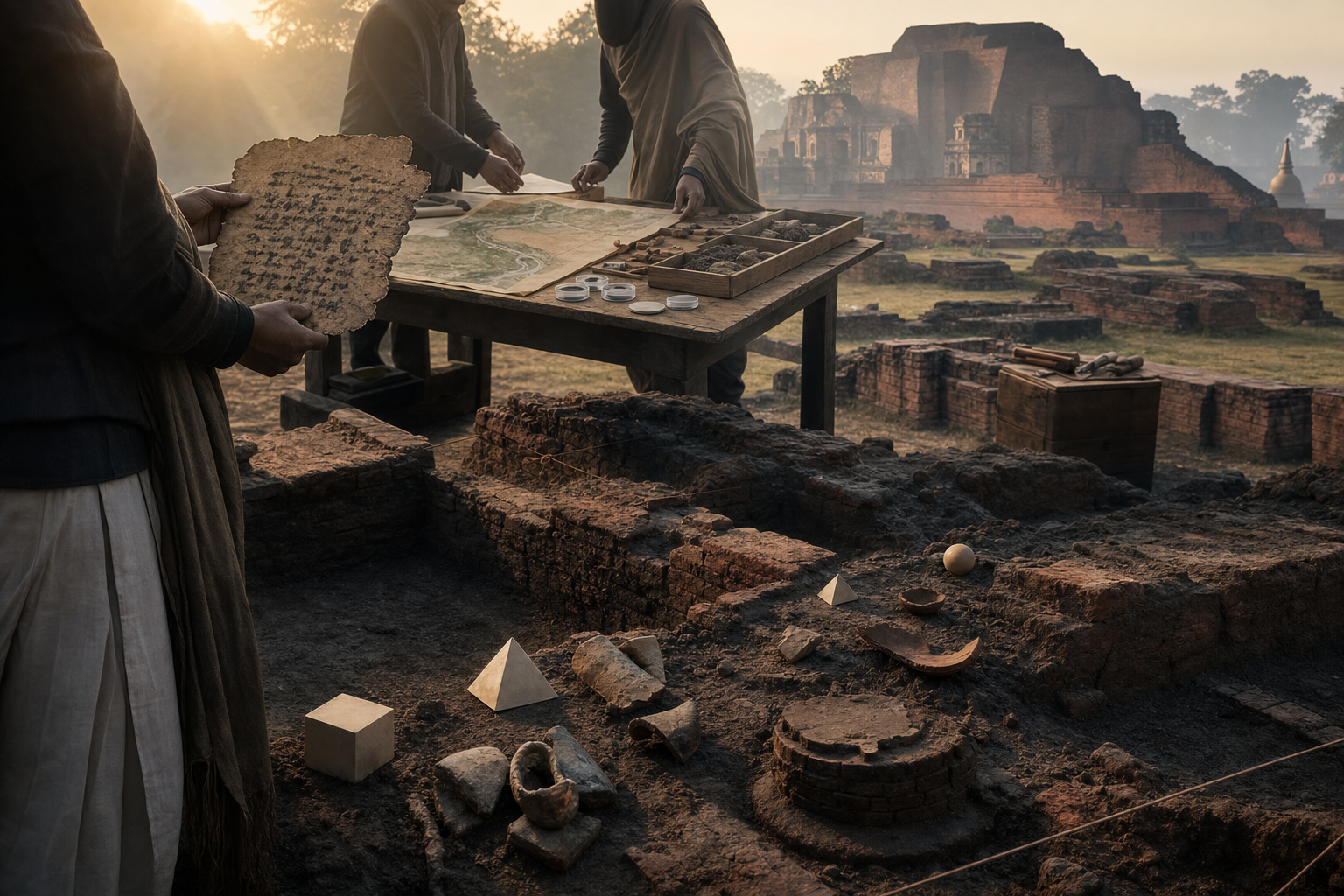 An excavation trench, manuscript fragments, soil samples, and red-brick monastic ruins are arranged from foreground evidence to a misty historical site.