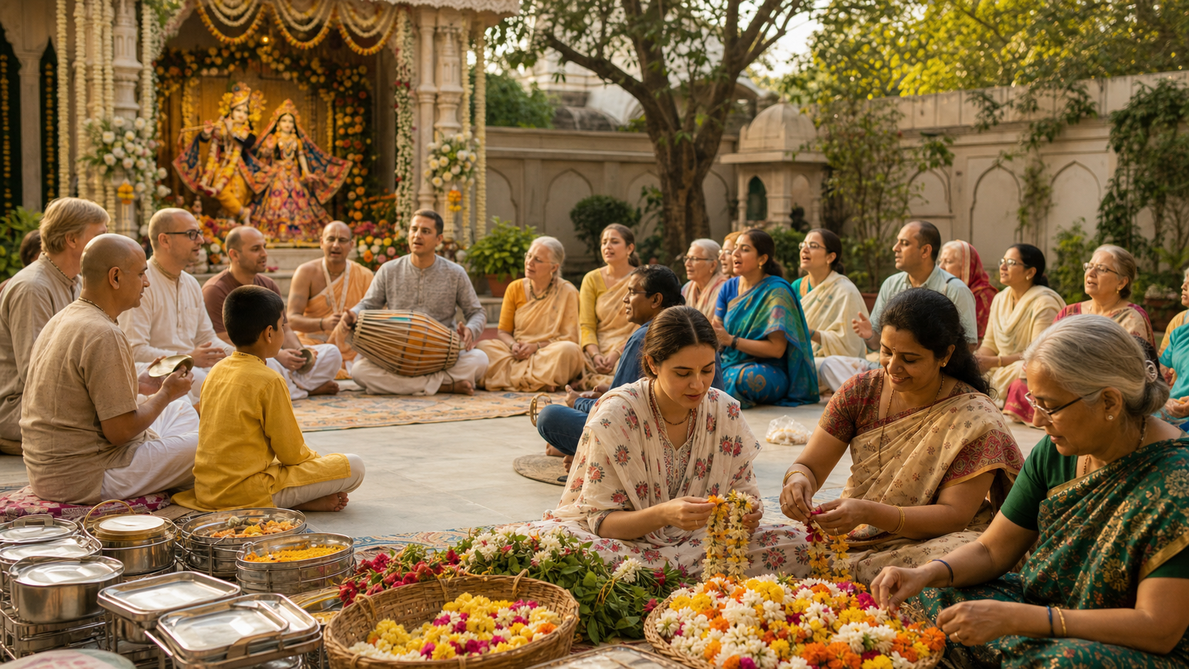 Gaudiya Vaishnava devotees sing kirtan in a temple courtyard while other community members make flower garlands and prepare trays of vegetarian food for distribution.