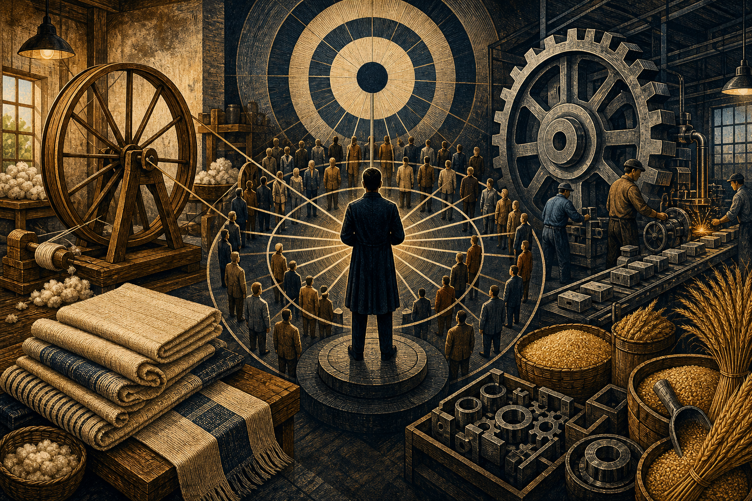 A spinning wheel, cotton, grain and factory machinery surround a central hub connected to rings of anonymous supporters.