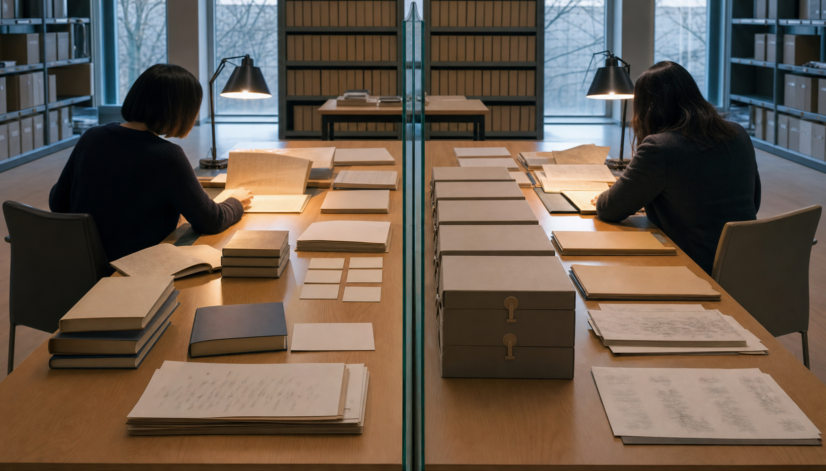 Two anonymous researchers audit unmarked textbooks, meeting folders, revision sheets, and archive boxes on opposite sides of a divided table.