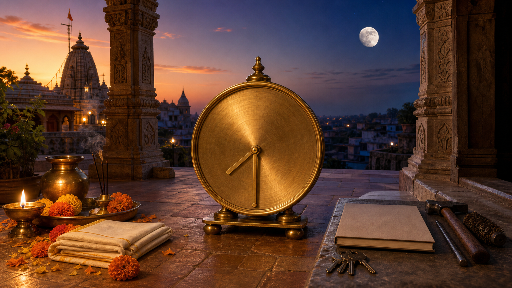 An Indian temple courtyard at twilight with a numeral-free brass clock set to about 7:30, a waxing gibbous Moon, ritual objects, and a nearby practical workspace.
