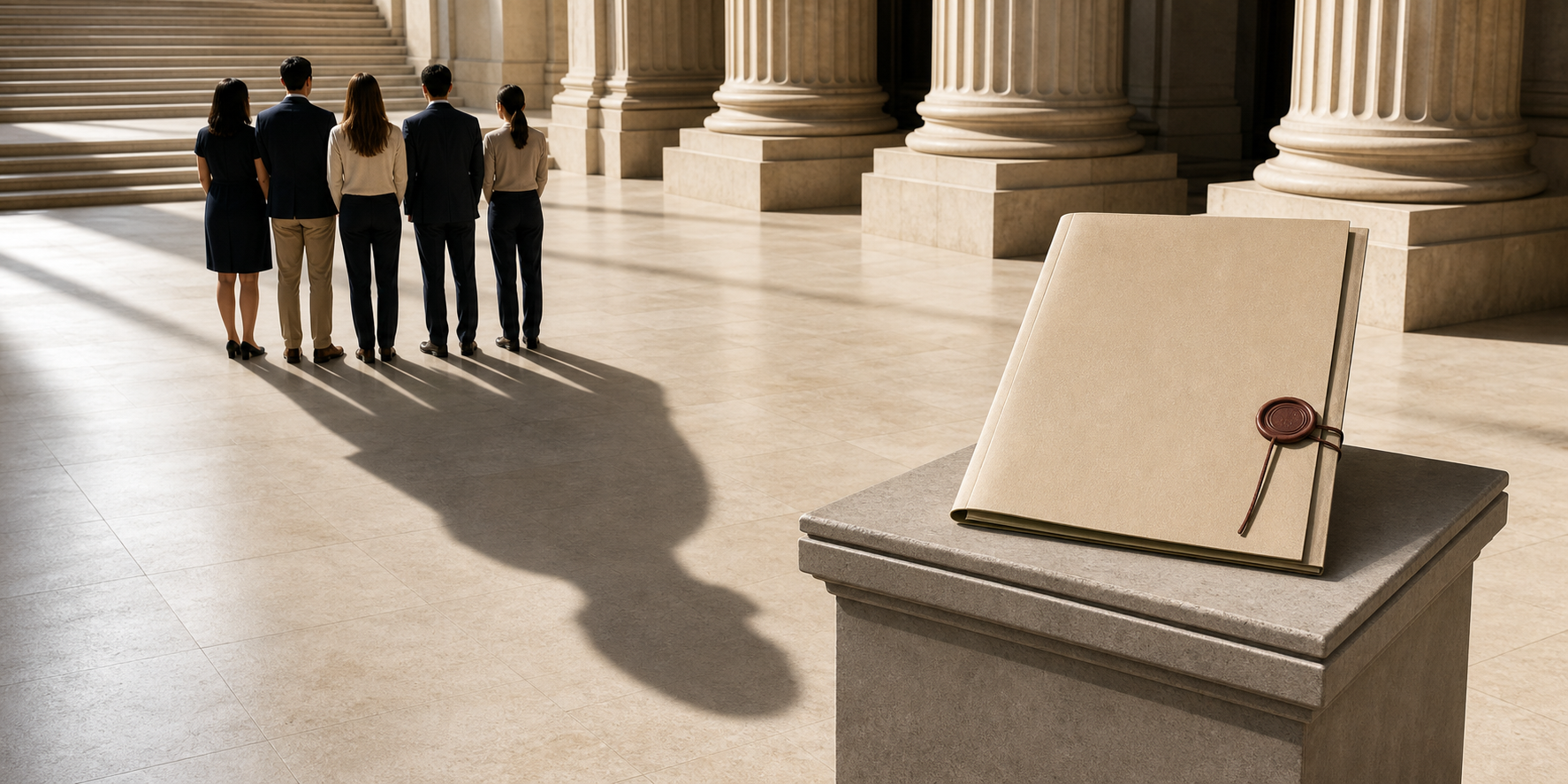 A group of people casts one combined shadow beside a blank sealed document folder in a courthouse setting.