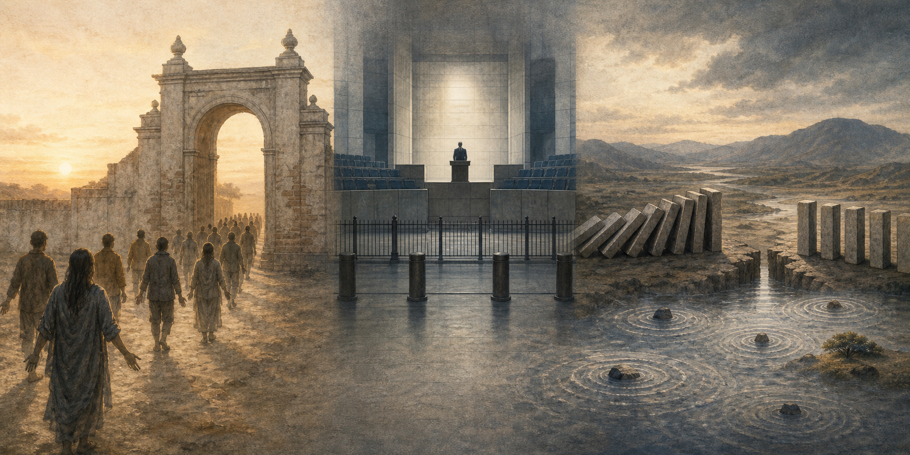 An unarmed procession faces a gated compound, an anonymous official stands behind modern security barriers, and a broken line of dominoes ends beside several ripples.