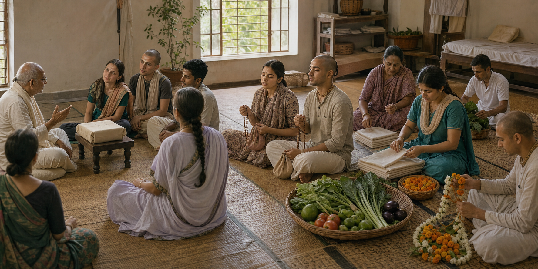 A small devotional group listens to a teacher, chants with bead bags, and performs service by preparing vegetables, cloths, and flower garlands.