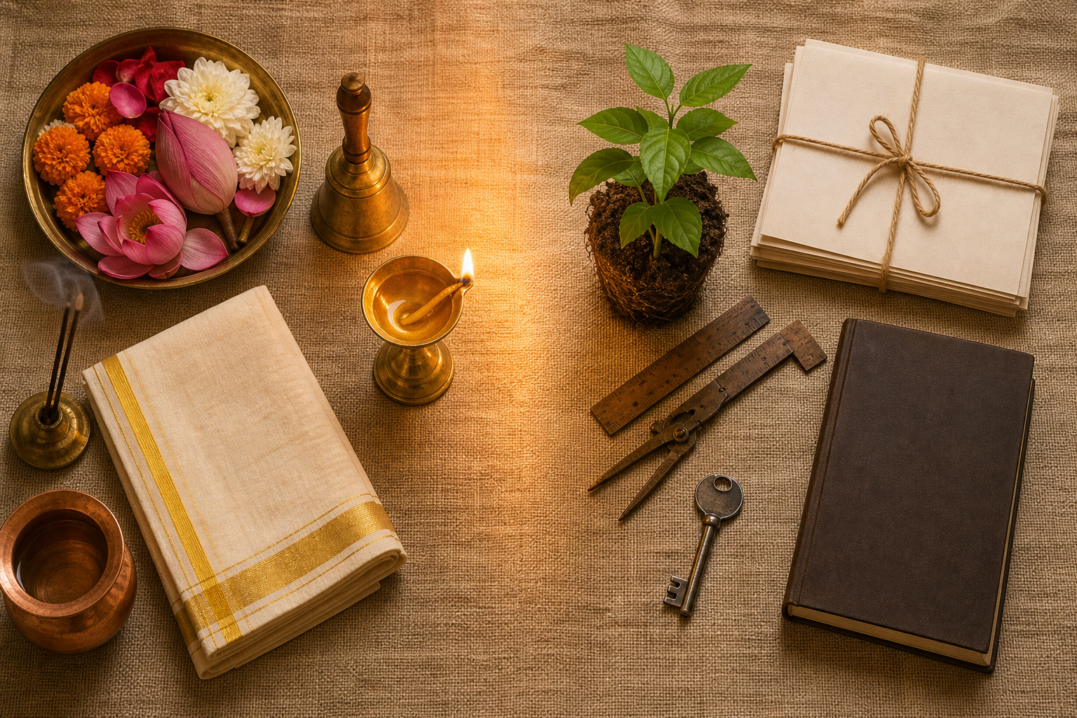 A top-down still life contrasts worship items such as a diya and flowers with practical items including keys, tools, a seedling, and a closed ledger.