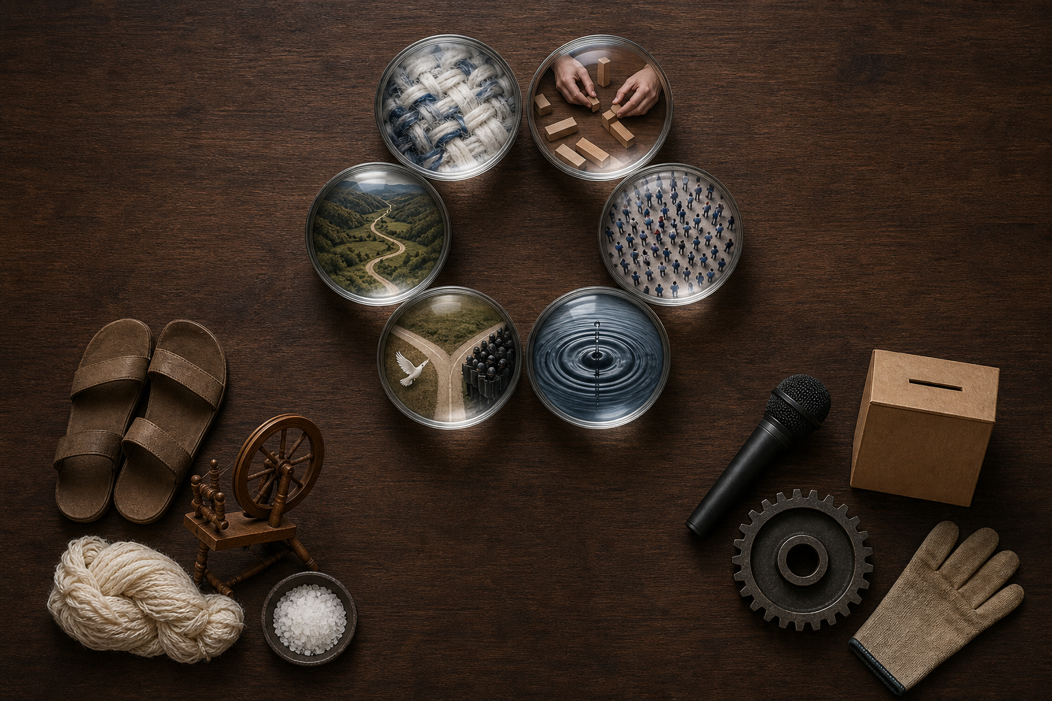 Six magnifying lenses surround separate groups of objects including sandals, a spinning wheel, salt, a microphone, a ballot box and a factory gear.