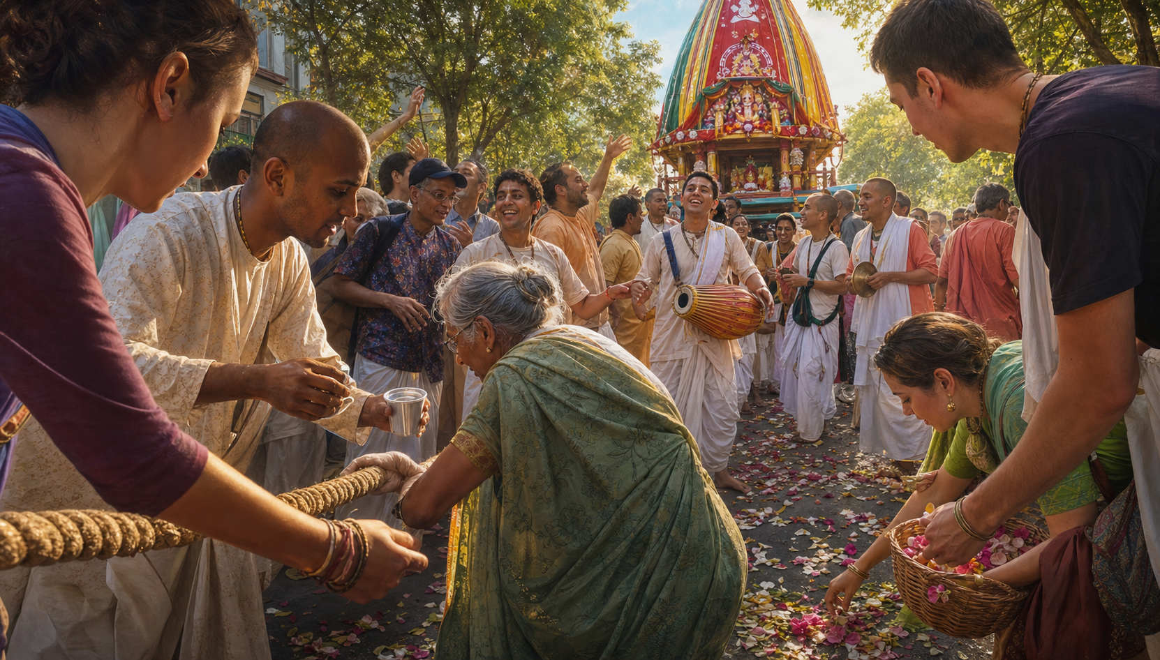 Volunteers guide a ceremonial chariot rope, offer water, assist an older participant, and sing together during a Gaudiya Vaishnava street festival.