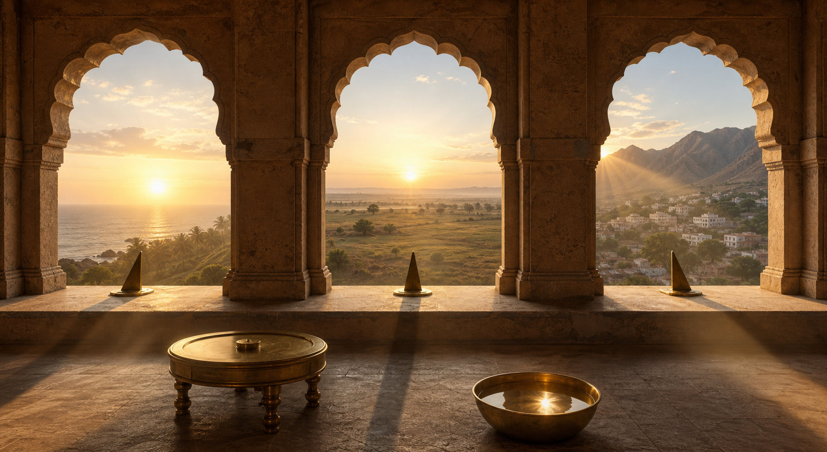 Sunrise enters three observatory arches overlooking different Indian landscapes and casts different shadows from unmarked brass gnomons.