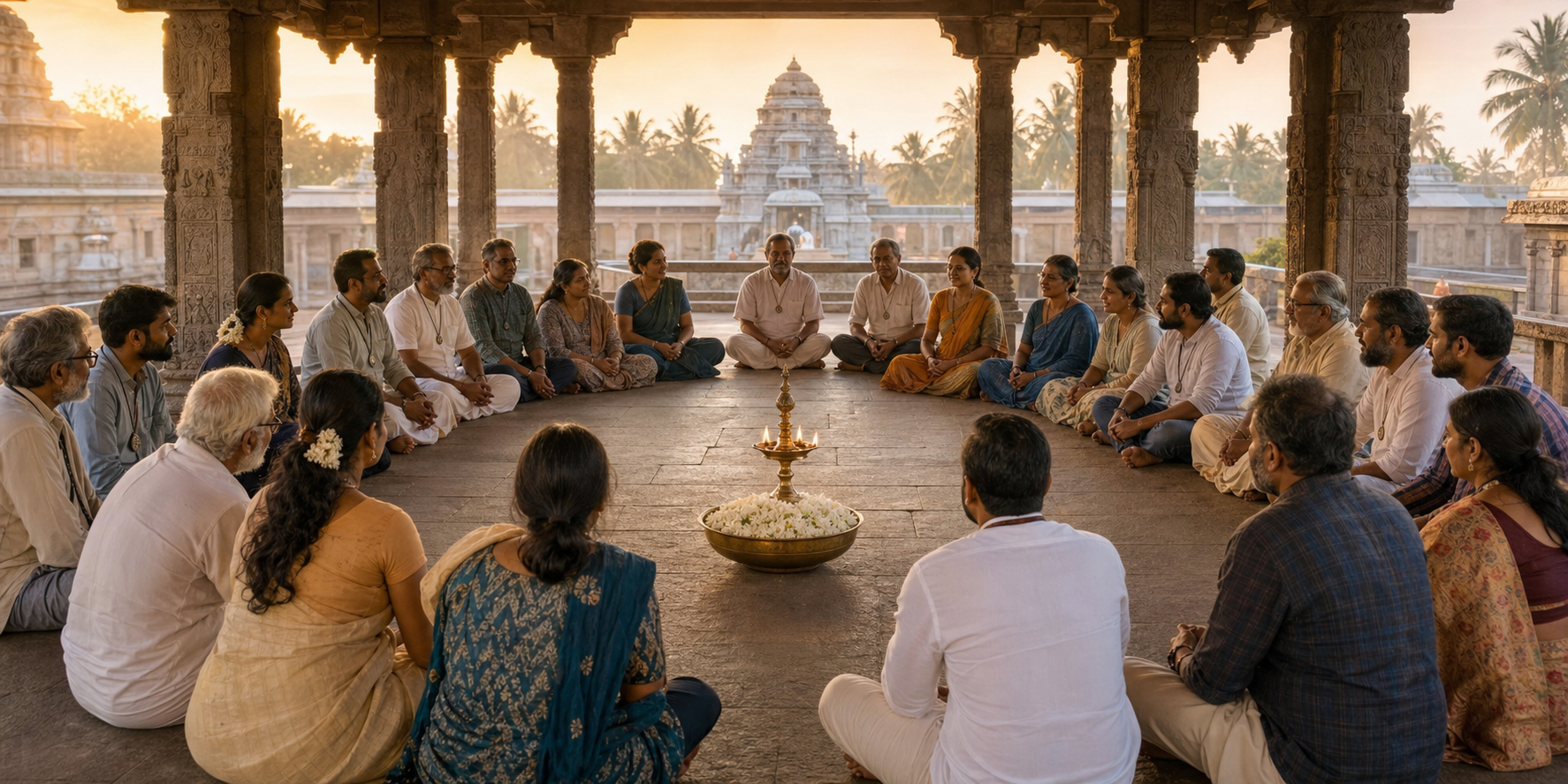 A multigenerational Karnataka community sits in a circle around a brass lamp and jasmine flowers in an open stone pavilion.