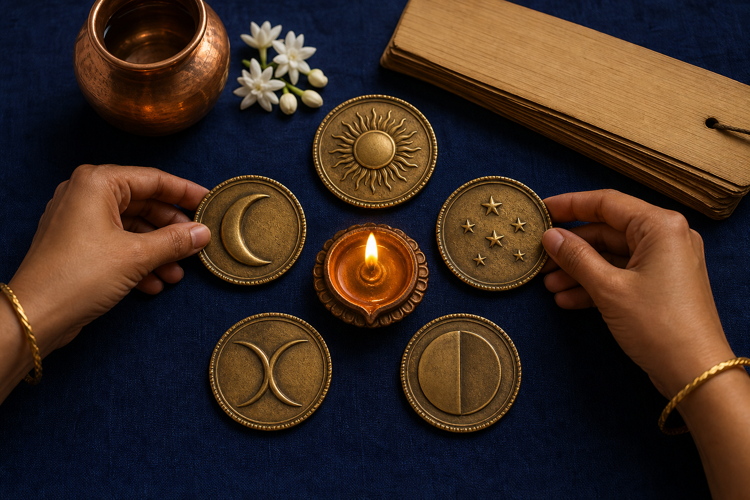 Two hands align five symbolic brass medallions around a lit diya, with motifs of the Sun, Moon, stars, intersecting arcs, and a divided circle.