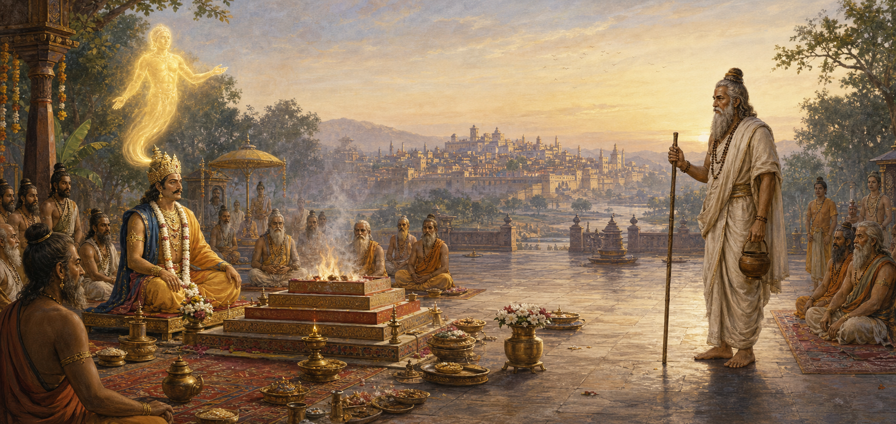 King Nimi sits beside a yajna fire while Sage Vashishta stands across the ritual courtyard, with a golden radiance above the king and a distant fortified city on the horizon.